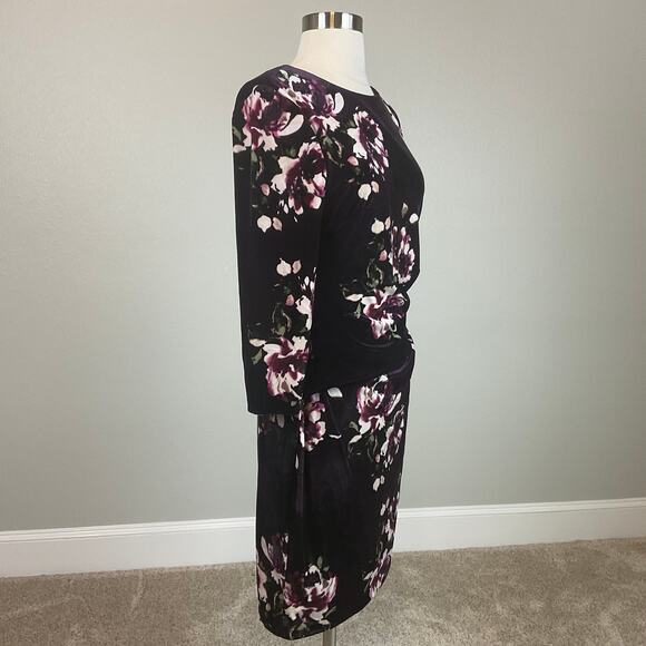 Vince Camuto Velvet Long Sleeve Floral Print Sheath Cocktail Dress Purple Size 8 - Picture 2 of 12